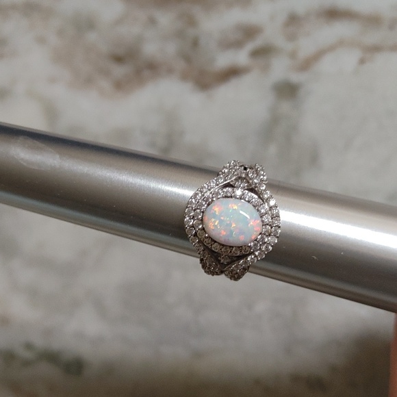 SJD 925 Opal and Diamond Pavers Ring Size 8 - Picture 4 of 11